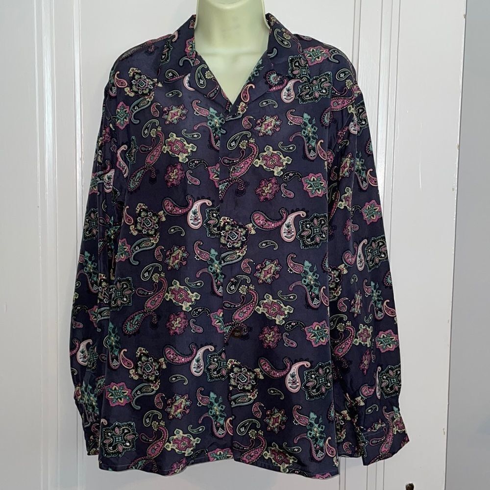 Vtg Anne Pinkerton‎ dark gray paisley silk blouse